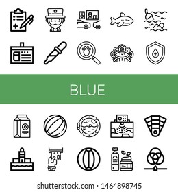 Set of blue icons such as Medical report, Library card, Uncle sam, Drop, Drive thru, Paw print, Shark, Kokoshnik, Sea, Milk, Lighthouse, Beach ball, Card, Boat porthole , blue