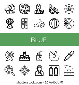 Set of blue icons. Such as Moisturizer, Space capsule, Anonymous, Milk, Water polo, Whale, Wheelchair, Beach ball, Pound, Radar, Target, Paw print, Lighthouse, Cold water , blue icons