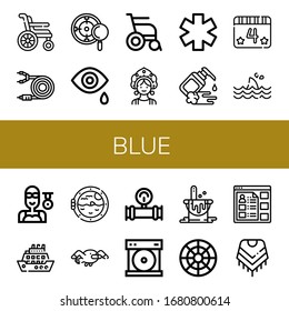 Set of blue icons. Such as Wheelchair, Card, Target, Tear, Kokoshnik, Medicine symbol, Moisturizer, th of july, Shark, Swimmer, Cruise, Boat porthole, Seagull, Manometer , blue icons
