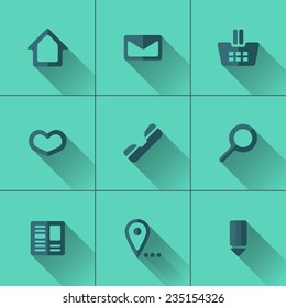 Set of blue icons for website menu. Flat design. Turquoise background