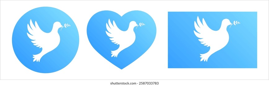 Set of blue icons with white peace dove. Heart-shaped, round and rectangular signs. Human rights and tolerance