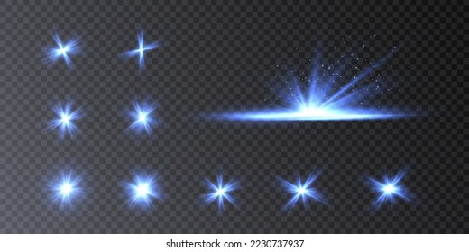 Set of blue ihorizontal highlights of abstract glowing stars and twinkles. Vector.