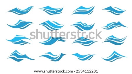 Set blue illustration on white background. Vector pattern. Art line ornament. Water Wave Logo abstract design