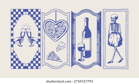A set of blue illustrations featuring wine glasses, pizza, cheese, and a skeleton dancing, perfect for food and drink themed designs