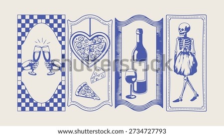 A set of blue illustrations featuring wine glasses, pizza, cheese, and a skeleton dancing, perfect for food and drink themed designs