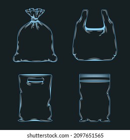 Set of blue illustrations with shadow from plastic bags, packaging. Isolated vector objects on a black background.