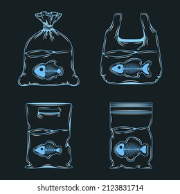 Set of blue illustrations with shadow from plastic bags, packaging with fish and skeletons. Isolated vector objects on a black background.