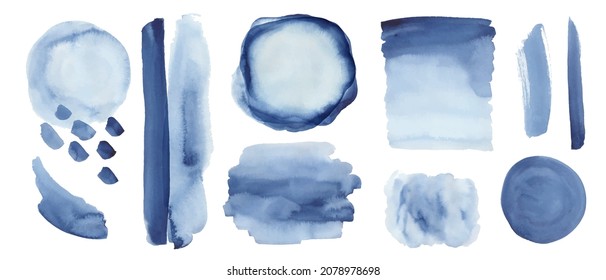 Set of blue, indigo watercolor textures, backgrounds, design elements. Hand painted brush strokes, circles, abstract forms.