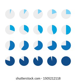 Set of blue infographic circle percentage flow diagrams piecharts icons 10% - 100%, simple modern digital loading data interface elements app button ui ux web, vector isolated on white background
