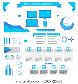 Set of blue infographic elements. Various charts, graphs, buttons, icons, ribbons and arrows.