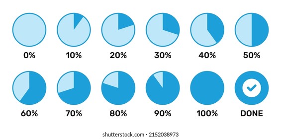 Set of blue infographic percentage pie chart icons in flat design from 0 to 100% vector.