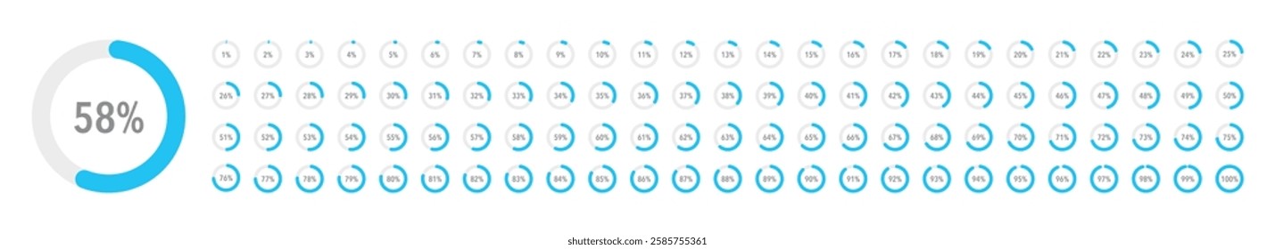 Set of blue infographic pie charts, segment of circle icons 0% - 100%, simple flat design loading data interface elements app button ui ux web, vector isolated on white background