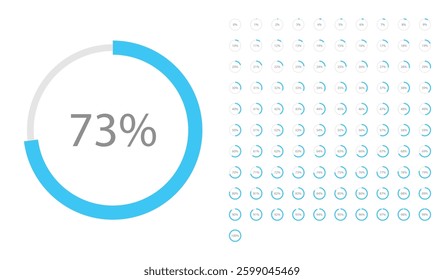 Set of blue infographic pie charts, segment of circle icons 0% - 100%, simple flat design loading data interface elements app button ui ux web, vector isolated on white background