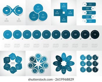 Set of blue infographic templates with 2, 3, 4, 5, 6, 7, 8, 9 and 10 options, parts or processes.