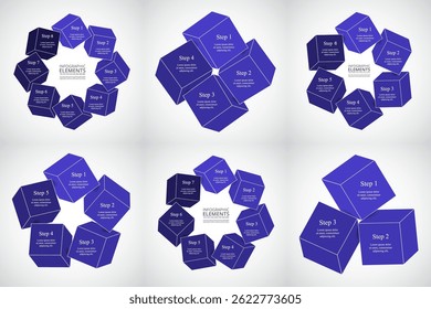 Conjunto de Plantillas de infografía azul con 3, 4, 5, 6, 7 y 8 opciones, partes o procesos.