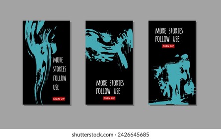 Set of blue ink brush stroke on black background. Japanese style. Vector illustration of grunge stains