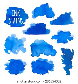 Set of blue ink stains in the form of clouds isolated on white. Vector.