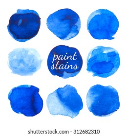 Set of blue ink stains isolated on white. Vector illustration.