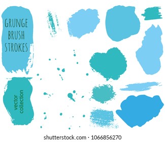 Set of blue ink vector stains. Grunge brush collection isolated on white