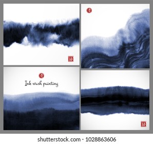 Set of blue ink wash painting textures on white background. Vector illustration. Contains hieroglyphs - double luck, clarity