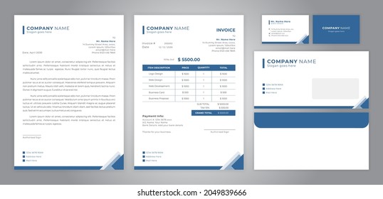 Set of Blue Invoice, letterhead, card and envelope