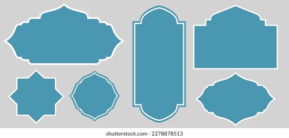 Satz blauer islamischer Formen für Etiketten, Tag, Rahmen, Banner-Hintergrund mit weißem Rand