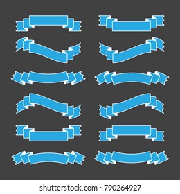 Set of blue isolated banner ribbons with white stroke on a black background. Simple flat vector illustration. With space for text. Suitable for infographics, design, advertising, holidays, labels.