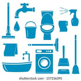 set blue isolated objects for home work cleaning 