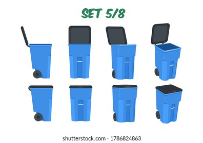 A set of blue isolated rollout heavy-duty wheeled trash/garbage cans, vector illustrations