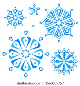 Set of blue isolated snowflakes icon silhouette on white background. Flat snow icons, silhouette. Nice element for New year and Christmas banner, cards. New year ornament. Vector