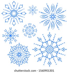 Set of blue isolated snowflakes icon silhouette on white background. Flat snow icons, silhouette. Nice element for New year and Christmas banner, cards. New year ornament. Vector