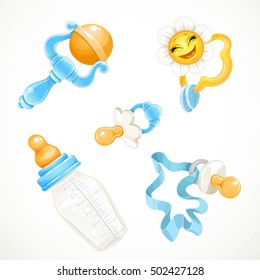 Set of blue items for the baby bottle, pacifier, rattle, toy isolated on white background