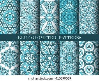 Set of blue kaleidoscope seamless patterns. Decorative mandala ornaments. Geometric design elements. Water wallpaper, fabric, furniture, paper print. Abstract vector flowers and stars. Elegant style
