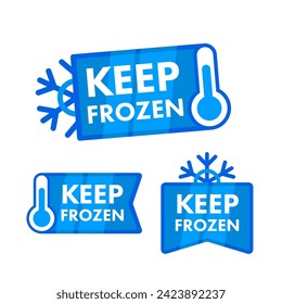 Set of blue Keep Frozen labels with snowflake and thermometer icons for frozen goods packaging