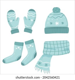 set of blue knitted scarf, hat and mittens socks on white. Winter clothes set. Vector illustration. flat