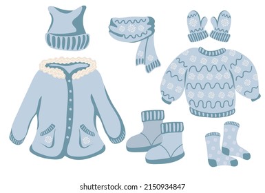 Set of blue knitted winter clothes and outerwear. Knitted winter scarf, hat, mittens, socks, boots, sweater and jacket. Cute hand drawn elements for winter design. Vector illustration.