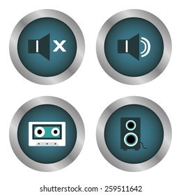 a set of blue labels with media icons