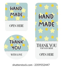 Set of blue labels with stars, handmade. Vector illustration
