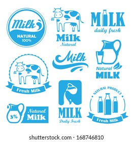 Set of blue labels and symbols for milk in vector