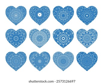 Set of blue lace hearts. Collection of Ornamental abstract hearts in mandala style for Valentines day, wedding, March 8, Mother day.