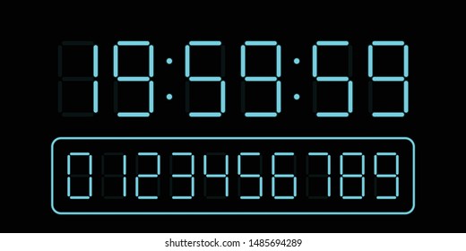 set of blue led digital clock number isolated on black background. electronic figures for counter or calculator mockup interface design.