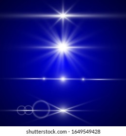 Set of blue Lens Flare. Vector glowing light effect. Star burst with sparkles