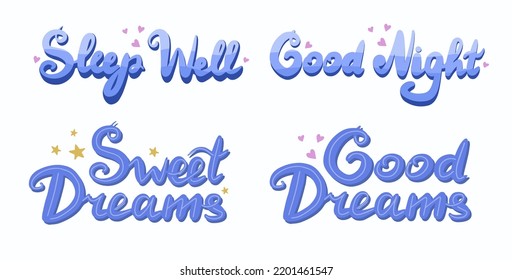 Set of blue lettering in beautiful style with stars, hearts. Lettering for print design about sleep, good night, sweet dreams.Vector drawing for kids bedroom, nursery room. Relax and rest concept.