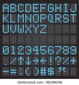 Set of blue letters on a mechanical timetable, airport symbols