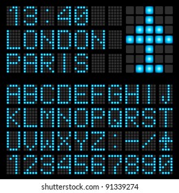 Set of blue letters on a mechanical timetable. Illustration of the designer