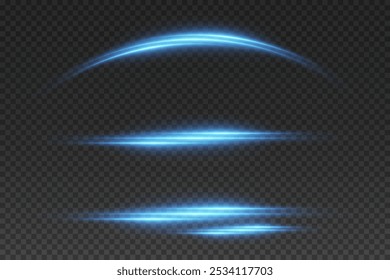 Set of blue light effects. Neon lines light swirl. On a transparent background.