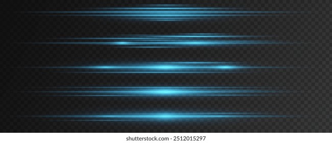 Set of blue light effects on a dark transparent background. Bright flashes and glares. Abstract rays of light. Light vibrations. Glowing laser lines. Vector illustration. EPS 10.