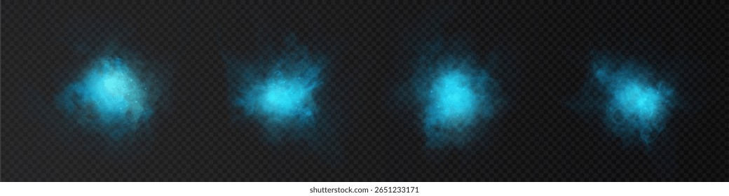 Set of blue light flashes with foggy glow on transparent background. Vector magical effects of smoke, fog, cumulus clouds, toxic fumes.