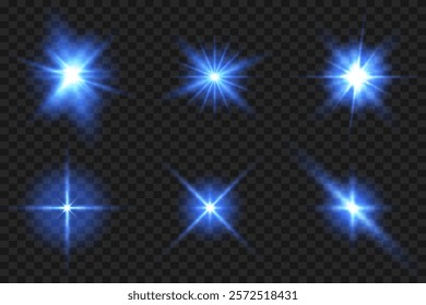 Set of blue light stars. Bright light effect. Vector illustration. EPS 10.