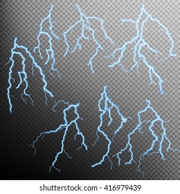 Set of Blue lightning flash effect on transparent background. EPS 10 vector file included